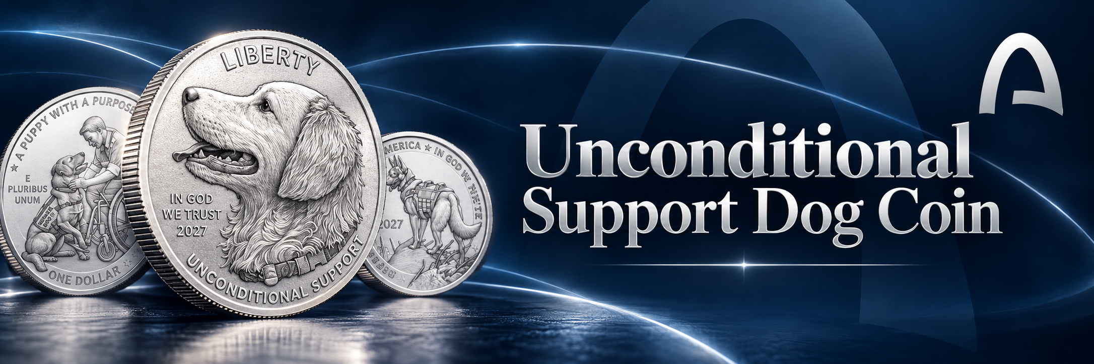 Unconditional Support Dog Coin proof set: three silver coins and the name in engraved type